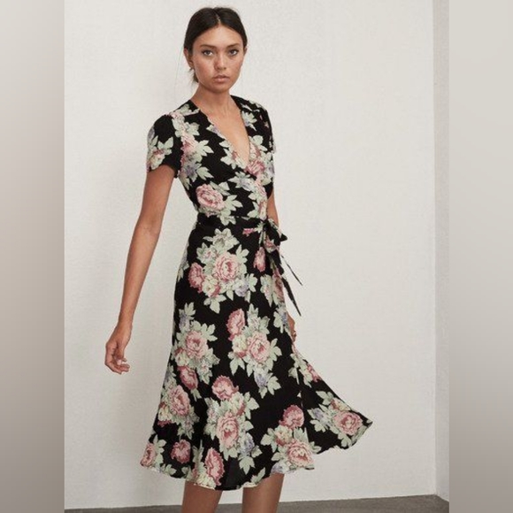 Reformation Linda Midi Wrap Black Floral Dress in Brookvale - Small - Picture 1 of 6